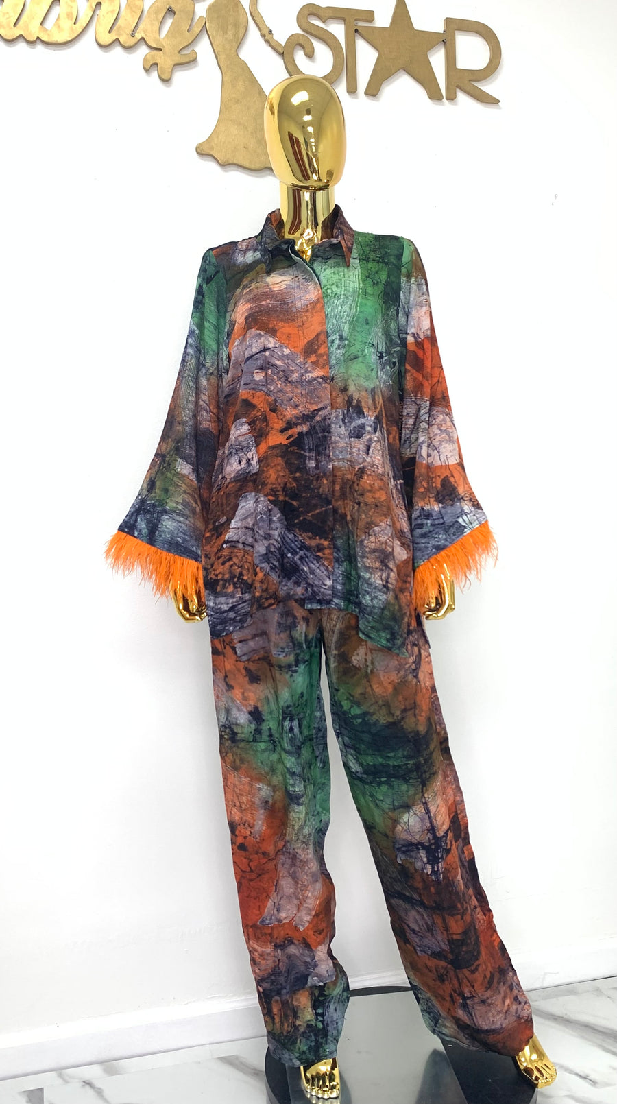 Orange Feathered Multicolored 2-Piece Batik Set