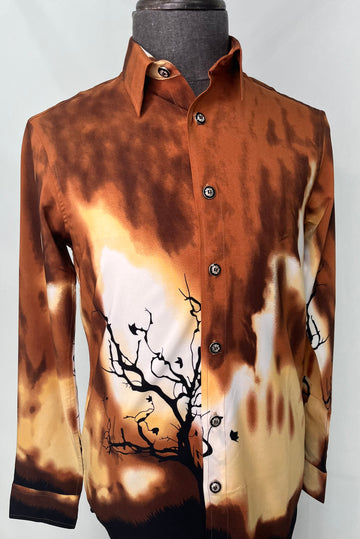 Brown Long Sleeve Button Up Shirt W/ Black Tree Graphics