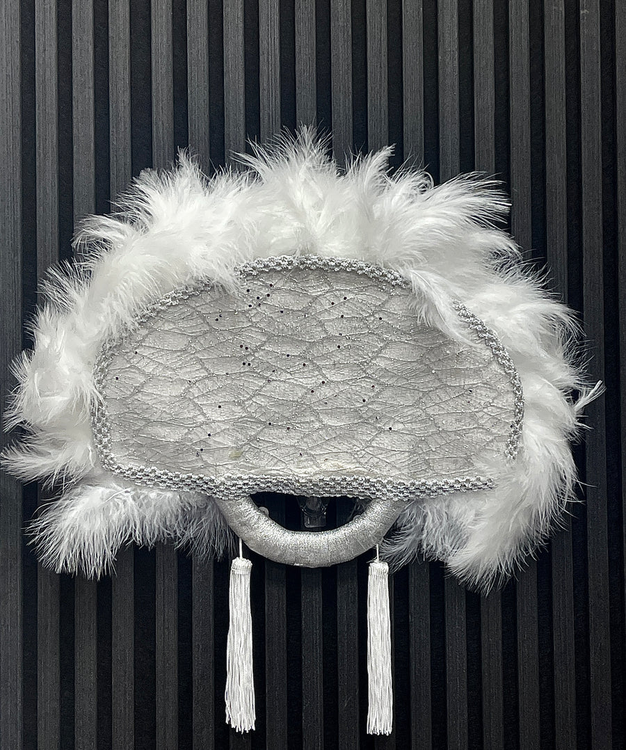 White Feathered Fan with Silver Inlays