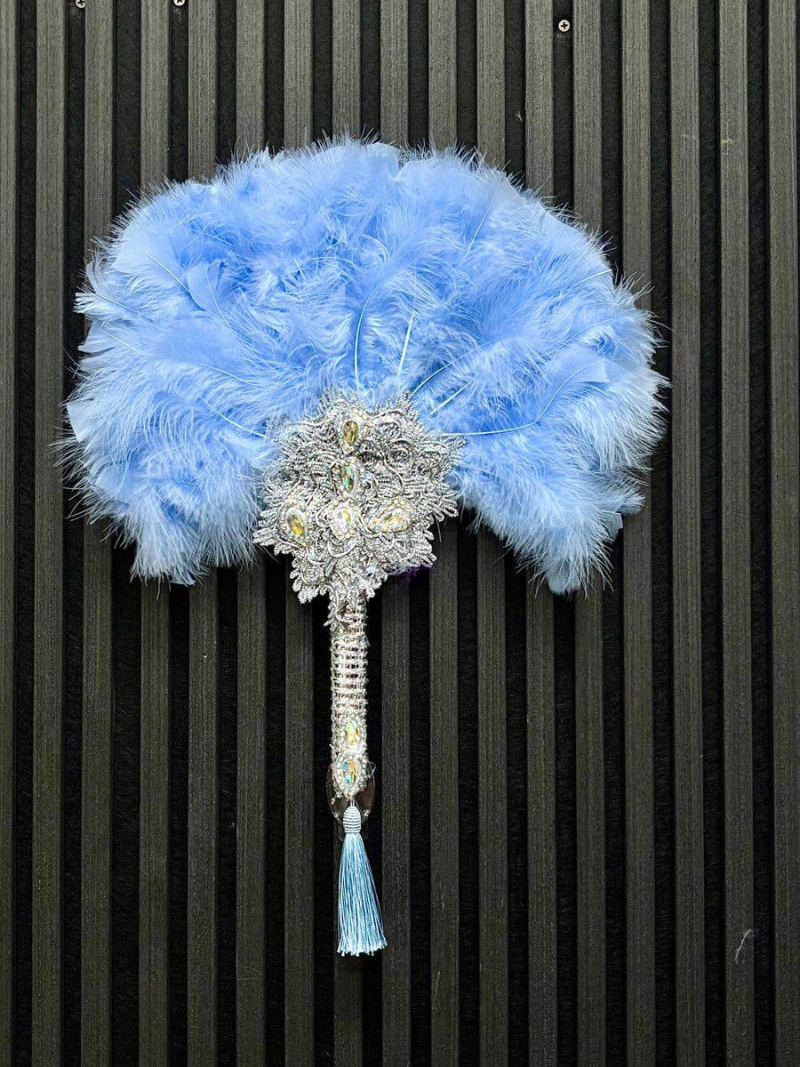 Baby Blue Feathered Fan with Diamond inlays