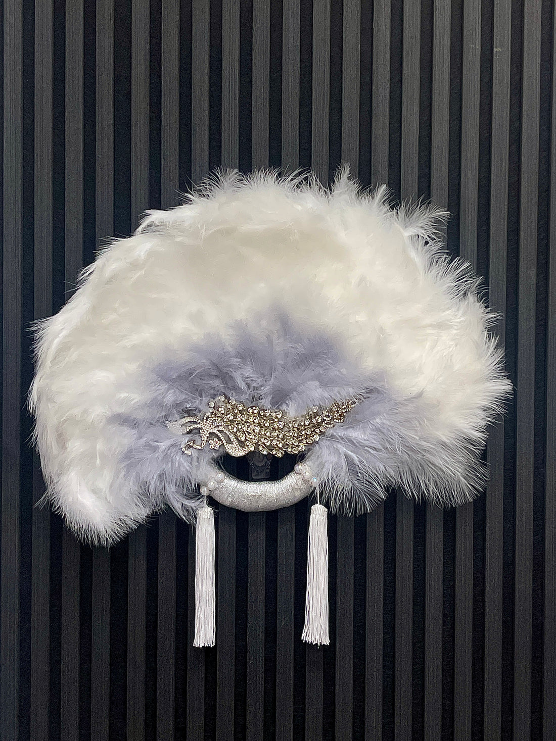 White Feathered Fan with Silver Inlays
