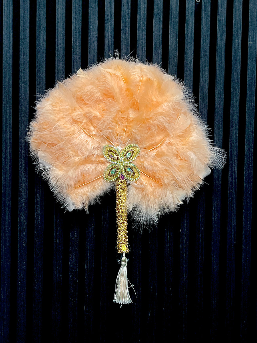 Peach Feathered Handfan with Gold inlays