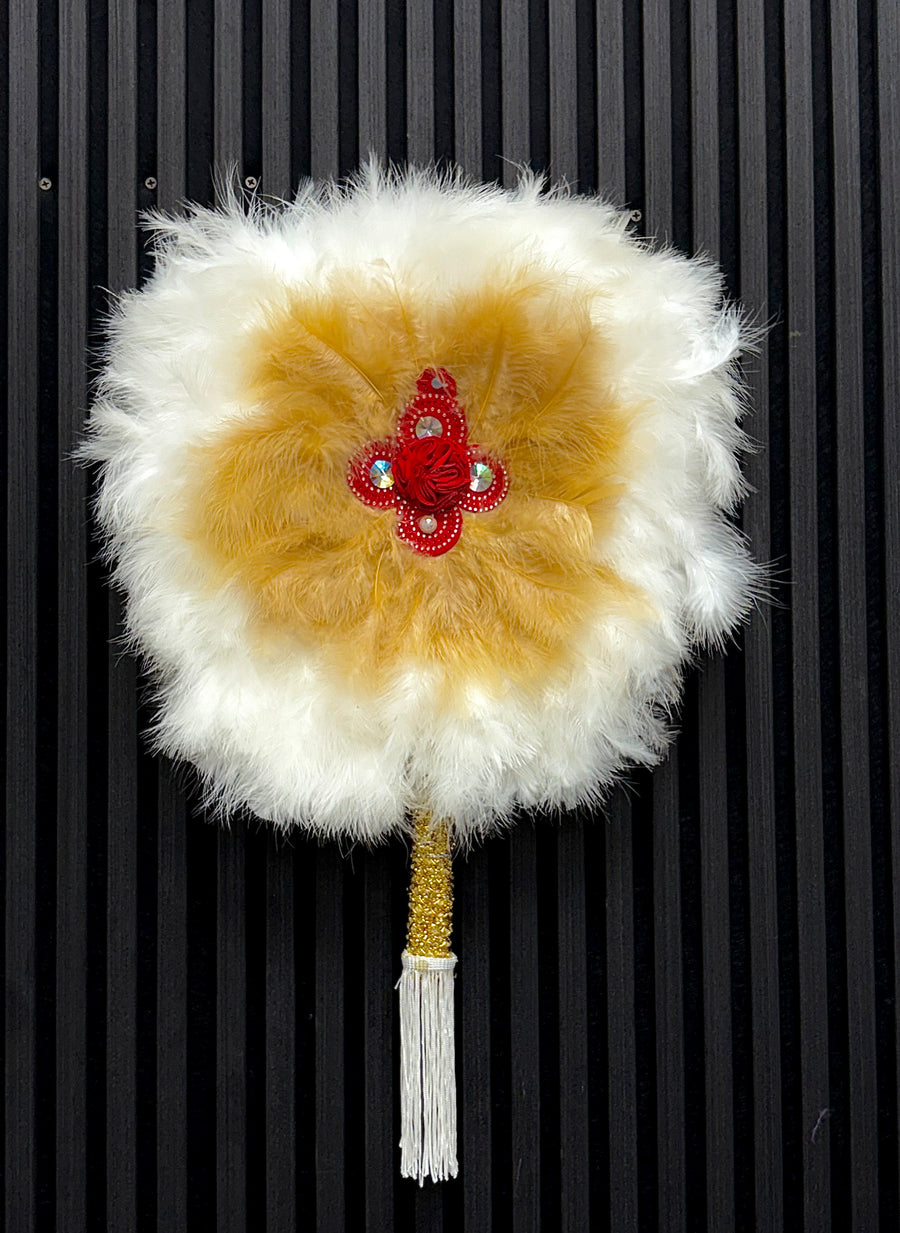 White Feathered Handfan with Red and Gold Inlays