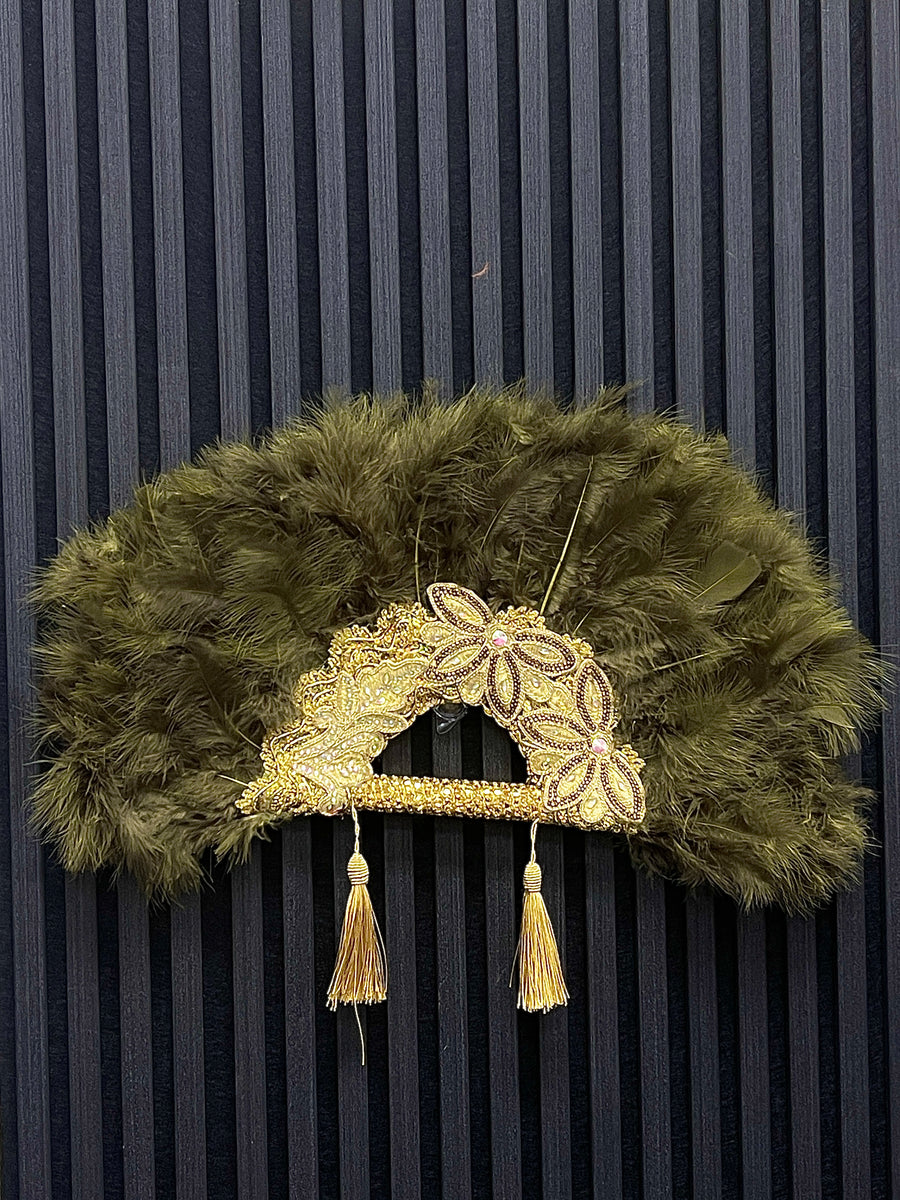 Olive Green Fur Handfan with Gold Inlays