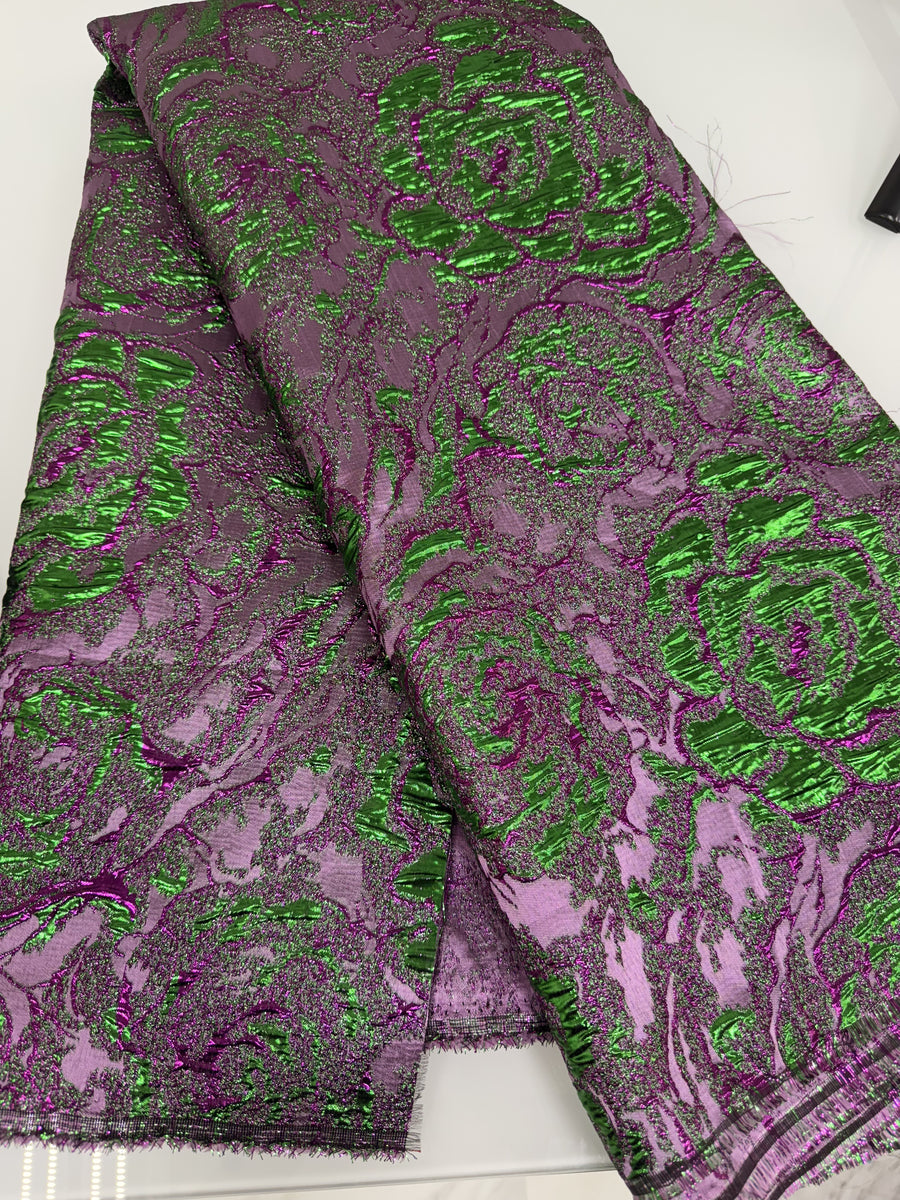 Purple  Brocade W/ Lime Green Flowers| 5 Yards