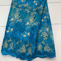 Blue Embroidery Net Lace w/Champagne Gold Design