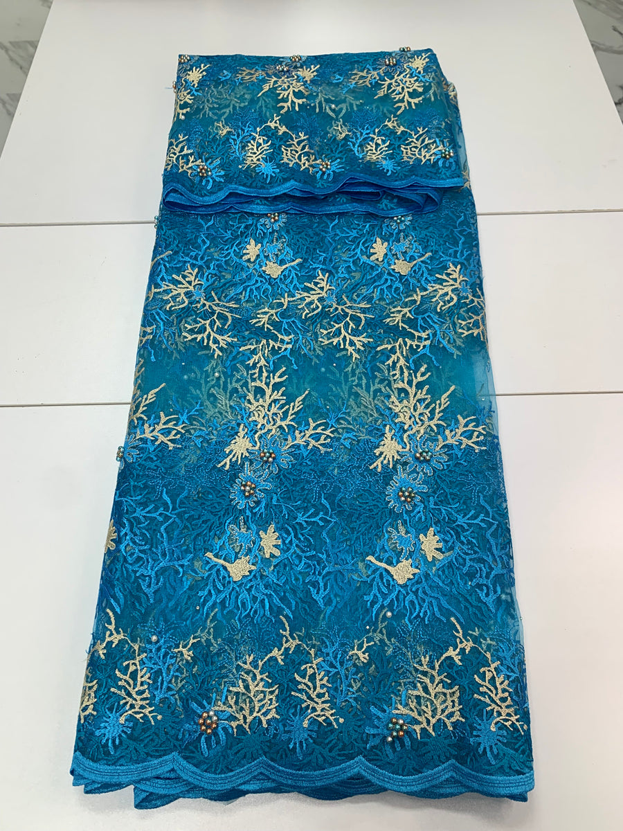 Blue Embroidery Net Lace w/Champagne Gold Design