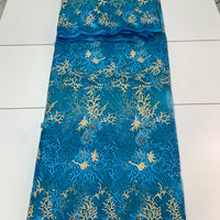 Blue Embroidery Net Lace w/Champagne Gold Design