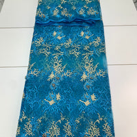 Blue Embroidery Net Lace w/Champagne Gold Design