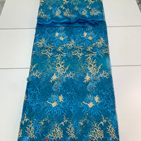 Blue Embroidery Net Lace w/Champagne Gold Design