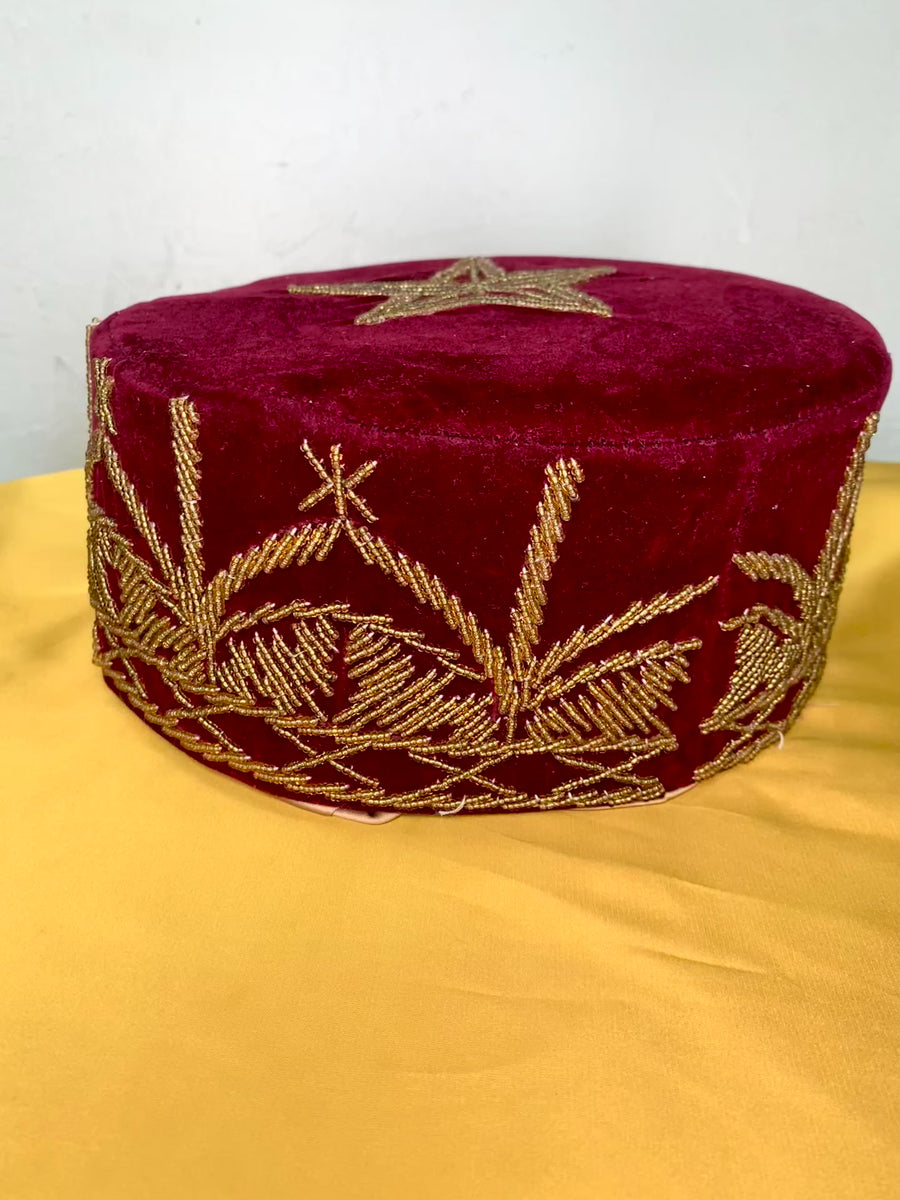 Burgundy& Gold Beaded Embroided Velvet African Mens Cap