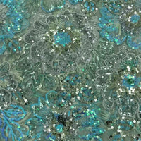 Light Sage Green Lace Fabric W/ Baby Blue Flower Sequin Details| 5 Yards