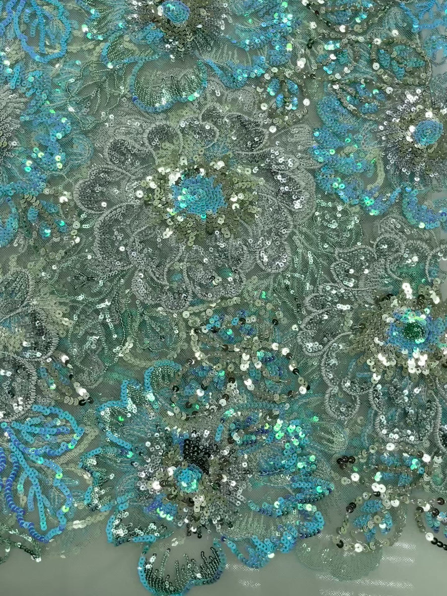 Light Sage Green Lace Fabric W/ Baby Blue Flower Sequin Details| 5 Yards