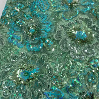 5 Yard Light Green Net W/ Blue Flower Embroidery & Silver Sequins