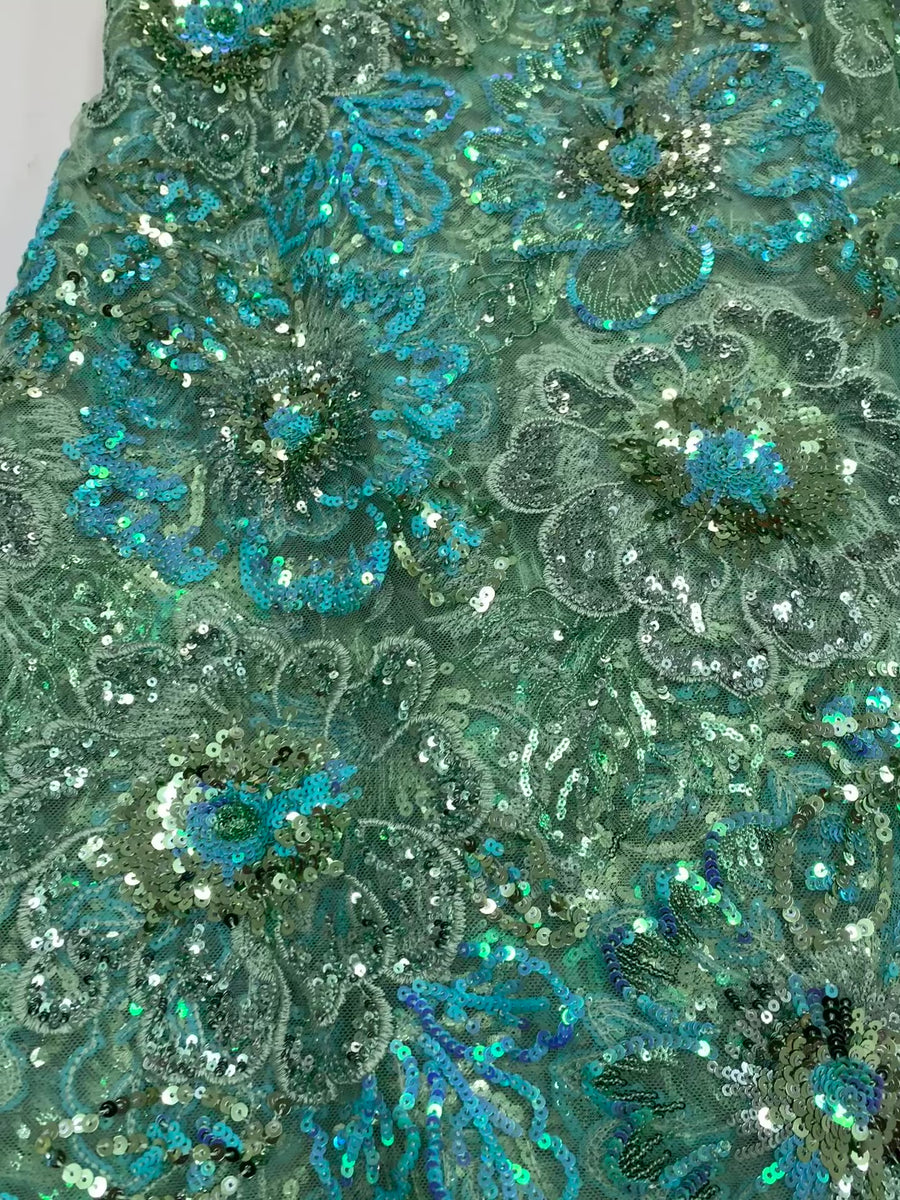 5 Yard Light Green Net W/ Blue Flower Embroidery & Silver Sequins