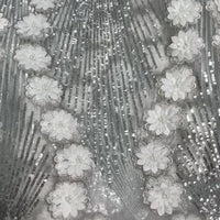 Silver Sequin Sparkly White Flower Fabric W/ Silver Trim | 5 Yards