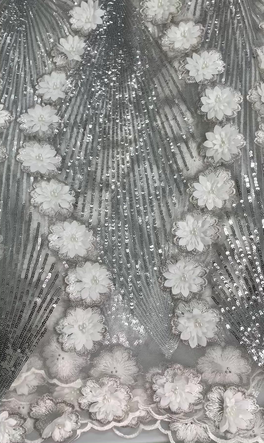 Silver Sequin Sparkly White Flower Fabric W/ Silver Trim | 5 Yards