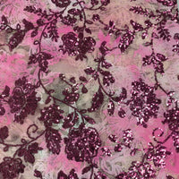 Pastel Pink Fabric W/ Dark Pink Sequin Flower Details & Gold Trim| 5 Yards