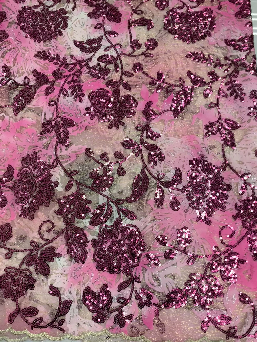 Pastel Pink Fabric W/ Dark Pink Sequin Flower Details & Gold Trim| 5 Yards