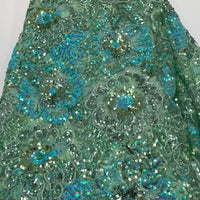 5 Yard Light Green Net W/ Blue Flower Embroidery & Silver Sequins