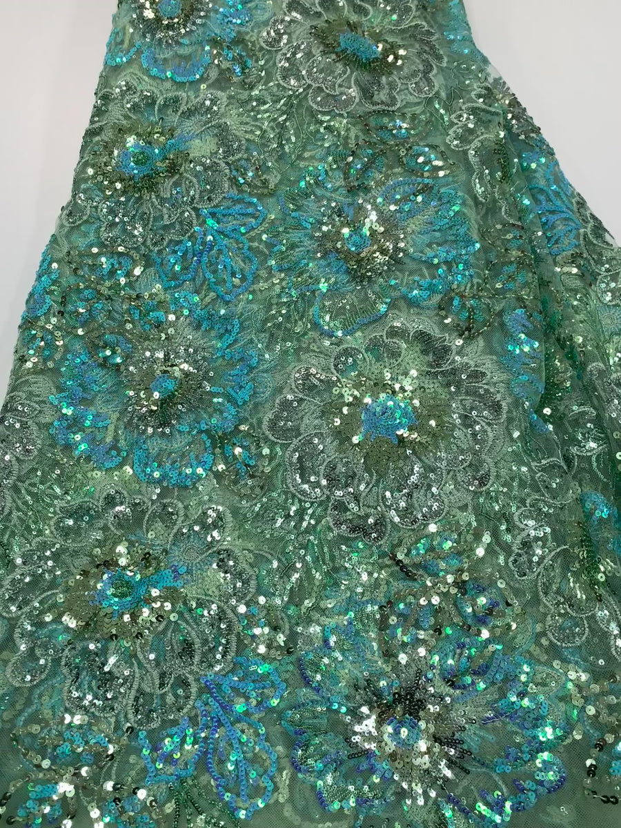 5 Yard Light Green Net W/ Blue Flower Embroidery & Silver Sequins