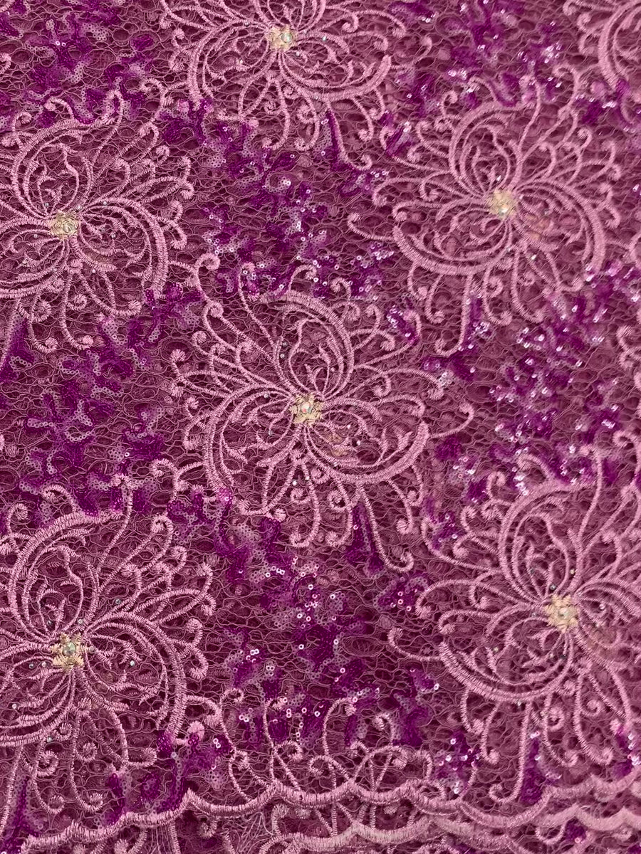 Grape Purple Lace Fabric W/ Pink Purple & Gold Details And Gold Trim|5 Yards