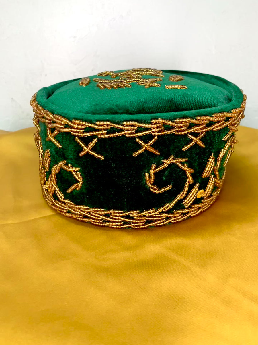 Dark Green & Gold Embroidered African Mens Hat Cap