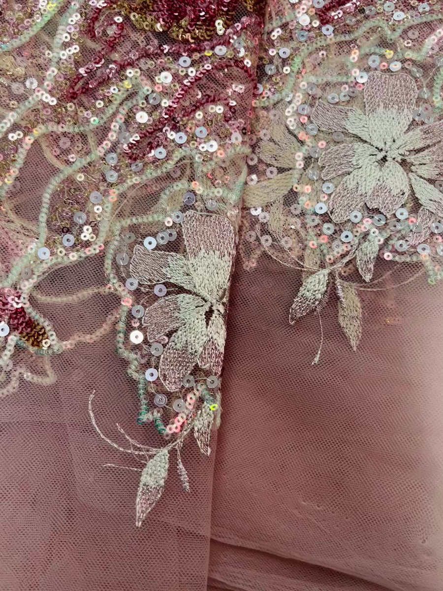 Blush Pink Lace |Silver and Gold Sequined Details | 5 yards