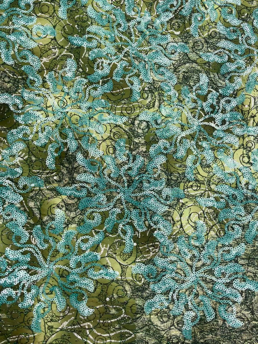 Olive Green Lace W/ Blue & White Sequin Details & Black Trim| 5 Yard