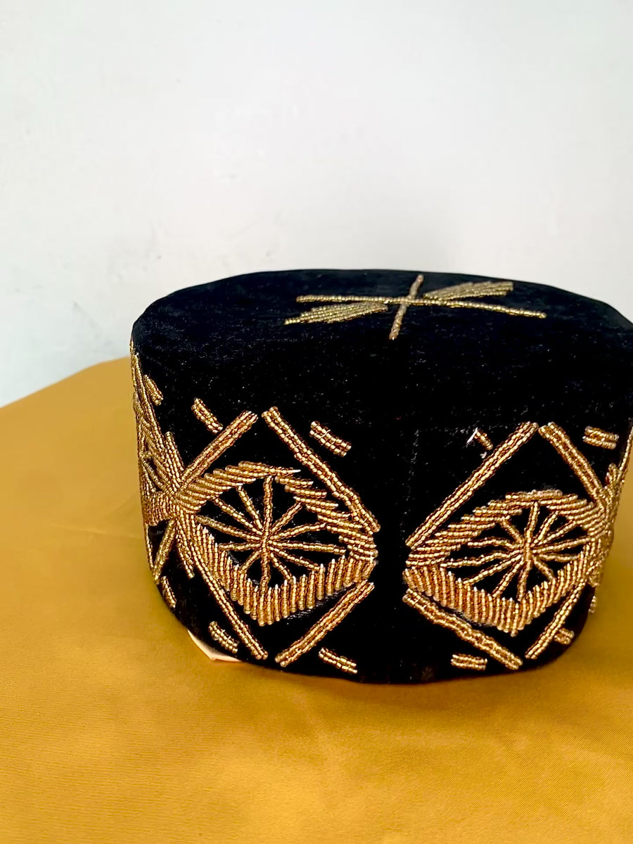 Black & Gold Velvet Embroidered African Mens Hat