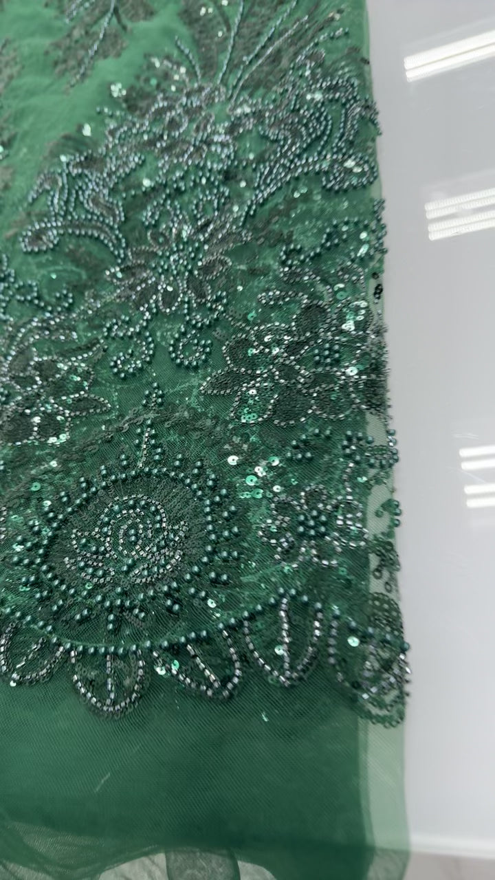 EMERALD GREEN BEADED LACE ~ 5 YARDS