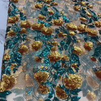 Marigold Yellow Lace W/ Green & Gold Stem And Flower Sequin Design.