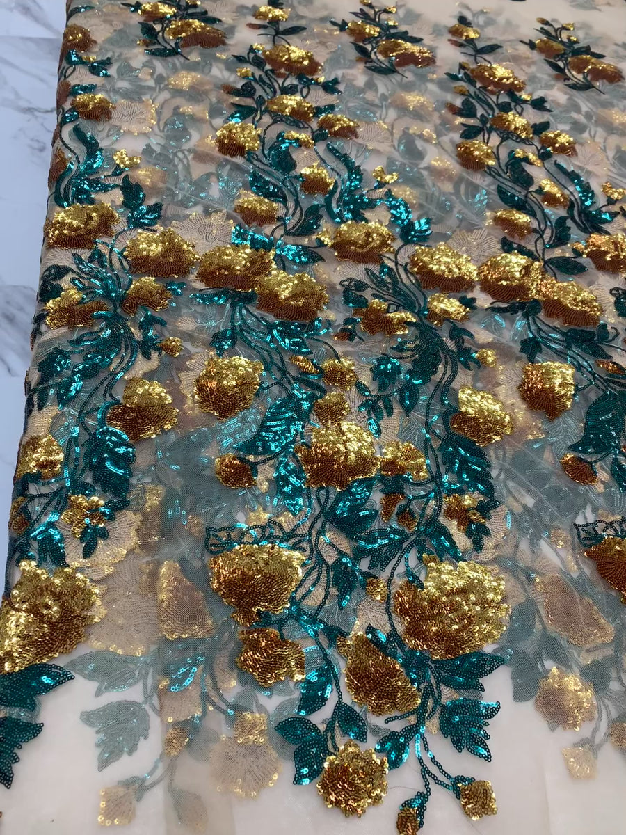 Marigold Yellow Lace W/ Green & Gold Stem And Flower Sequin Design.