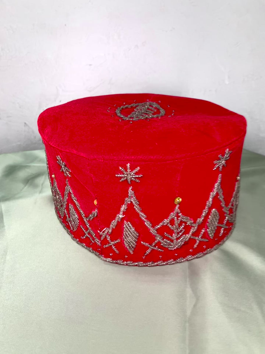 Red & Silver Beaded African Mens Cap