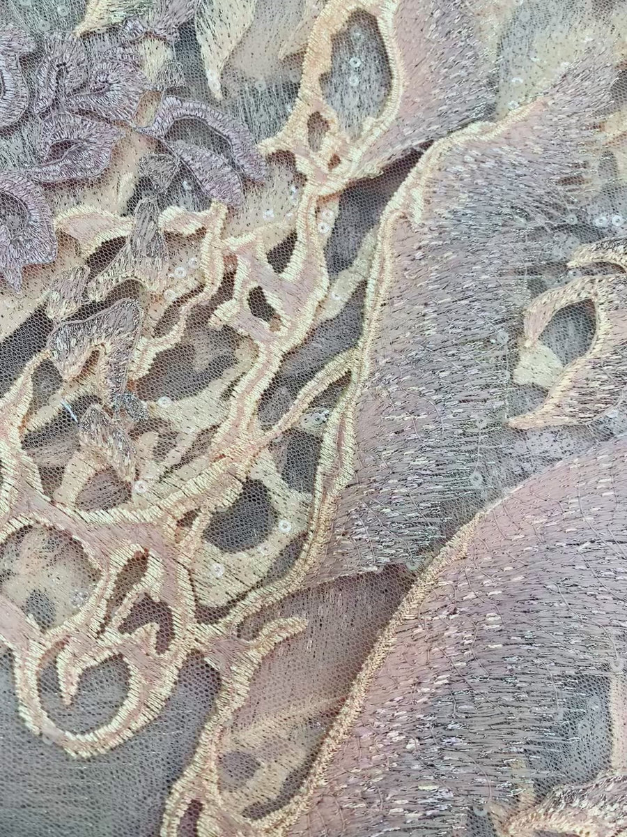 Beige Lace Fabric W/ Array of Flower Details