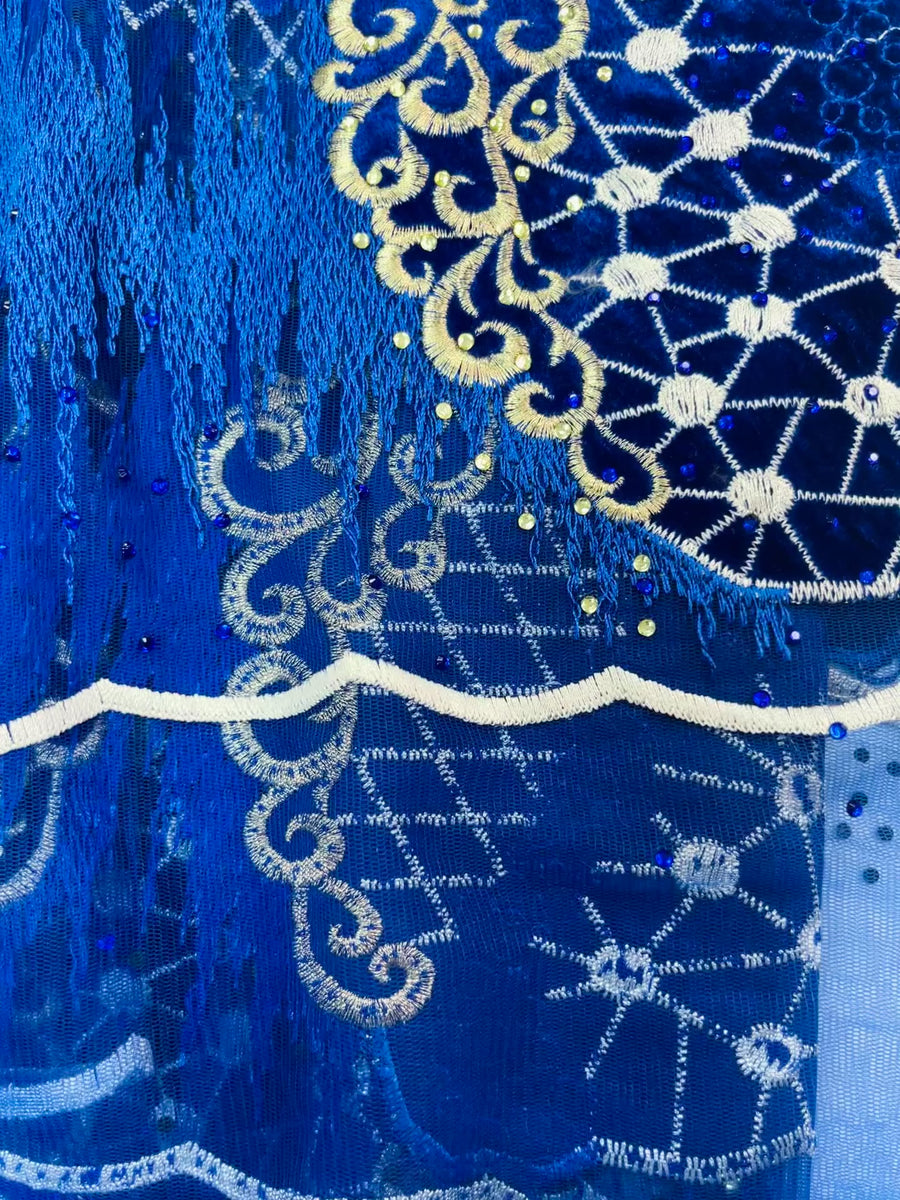 Deep BlueTulle Bead Gold & White  Lace | 5 yards