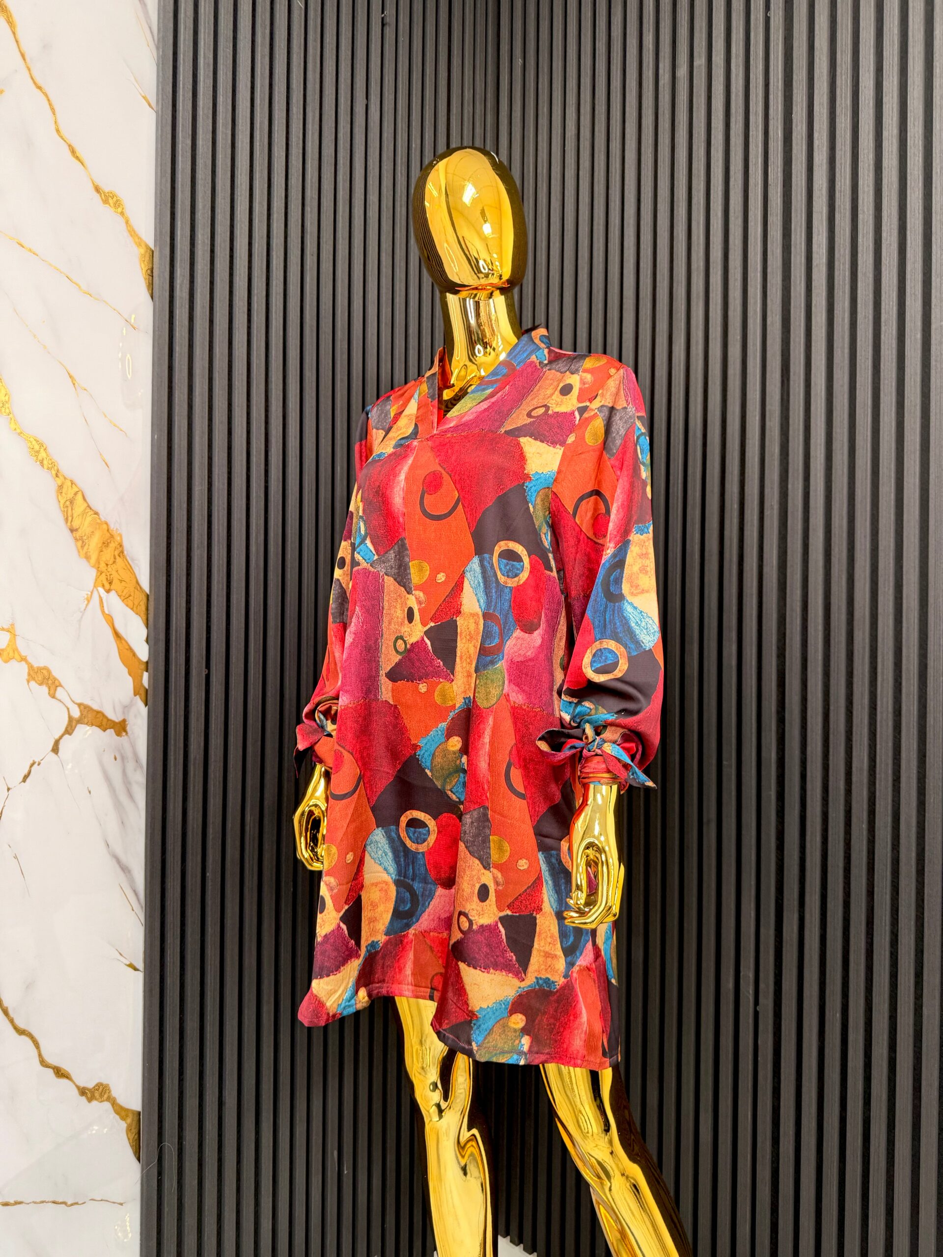 Burgundy Abstract Silk Long Sleeved Dress