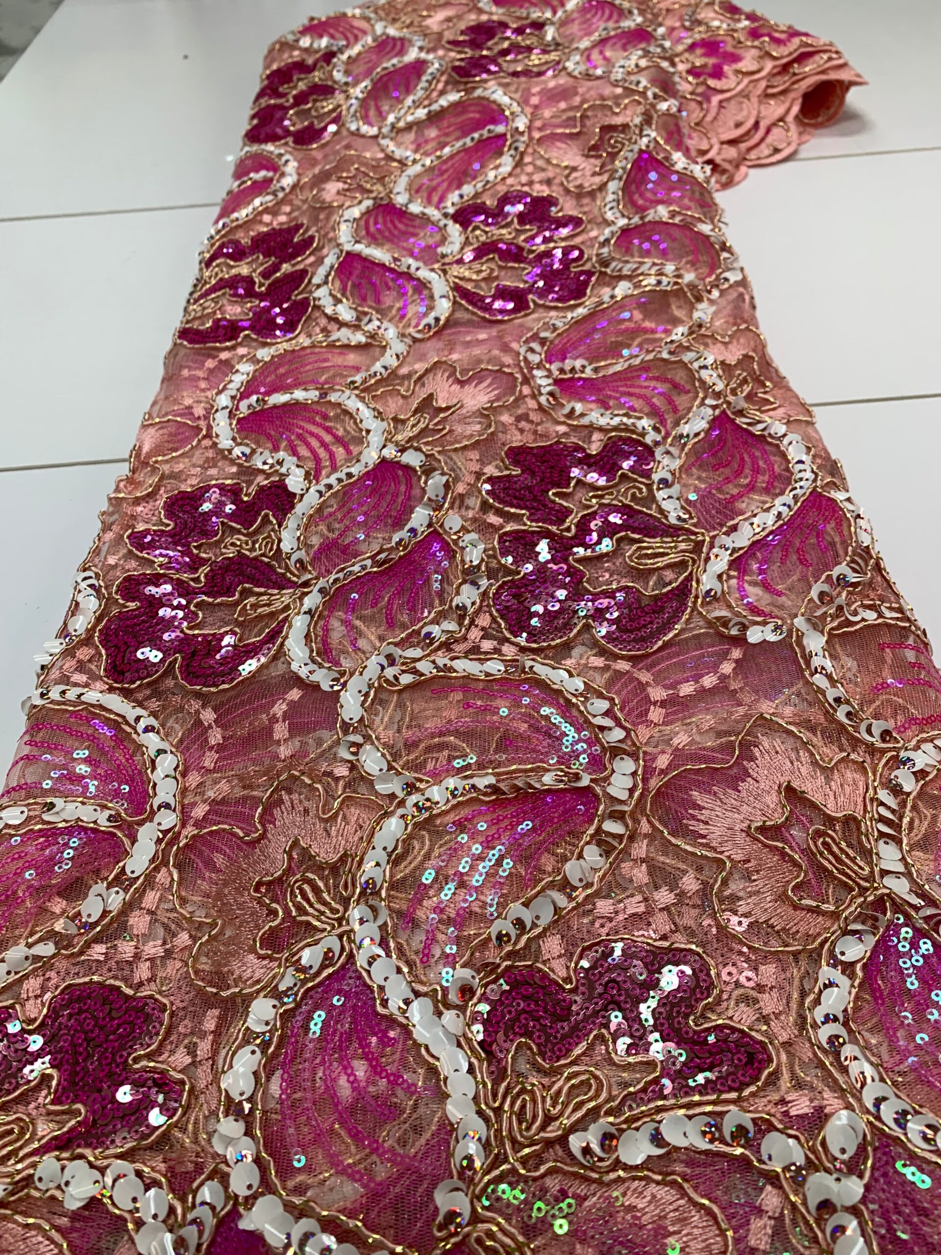 Rose Pink & Gold Sequin Lace | 5 yards