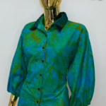 Spring Green Batik Shirt W/ Dark Green Polka-Dot Black Sequin Collar view 3