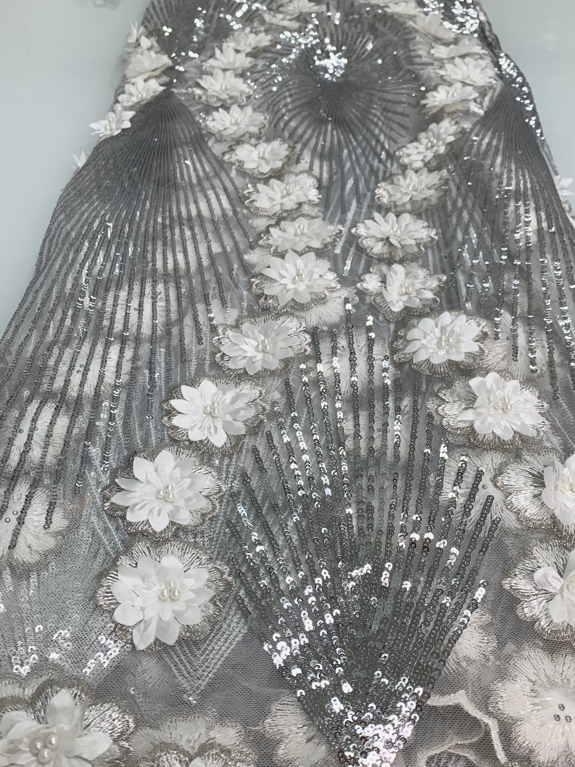 Silver X White Floral Sequin Lace | 5 Yards