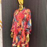 Burgundy Abstract Silk Long Sleeved Dress view 2