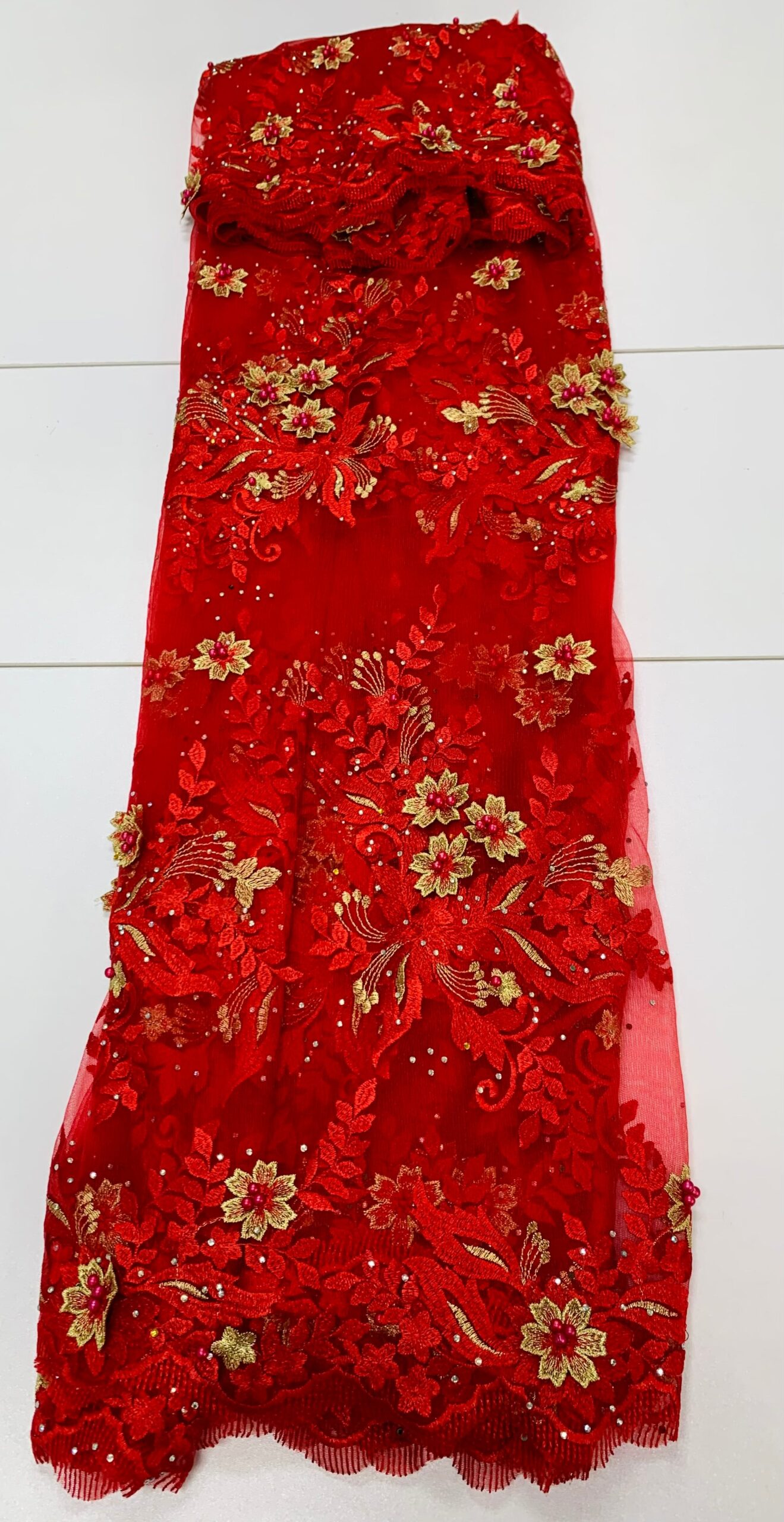 Ruby Red Gold Floral Lace | 5 yards
