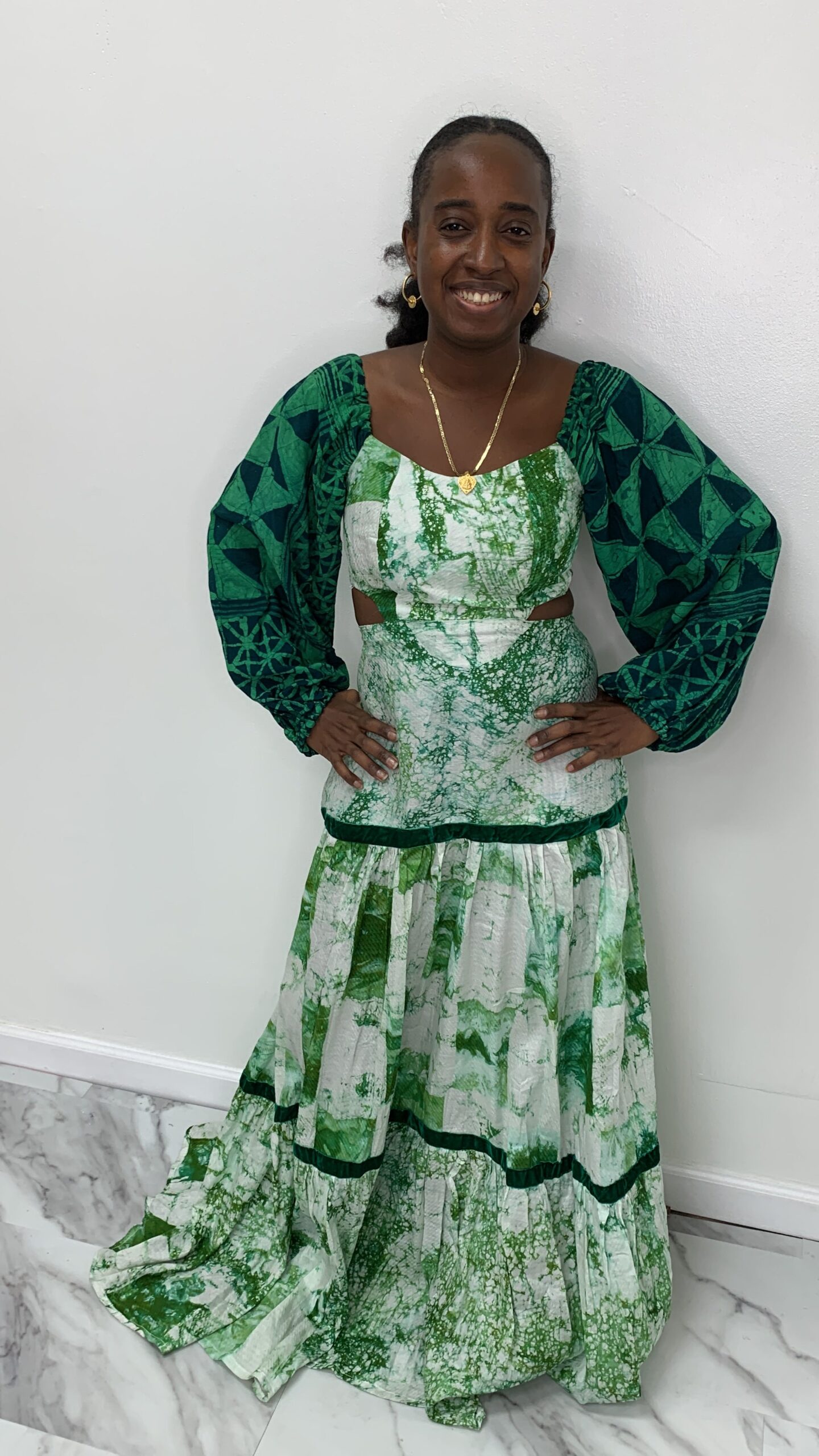 Light Green Puffed Sleeves Maxi Dress