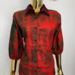 Bright Red Batik Shirt W/ Burgundy Polka-Dot Black Sequin Collar view 1