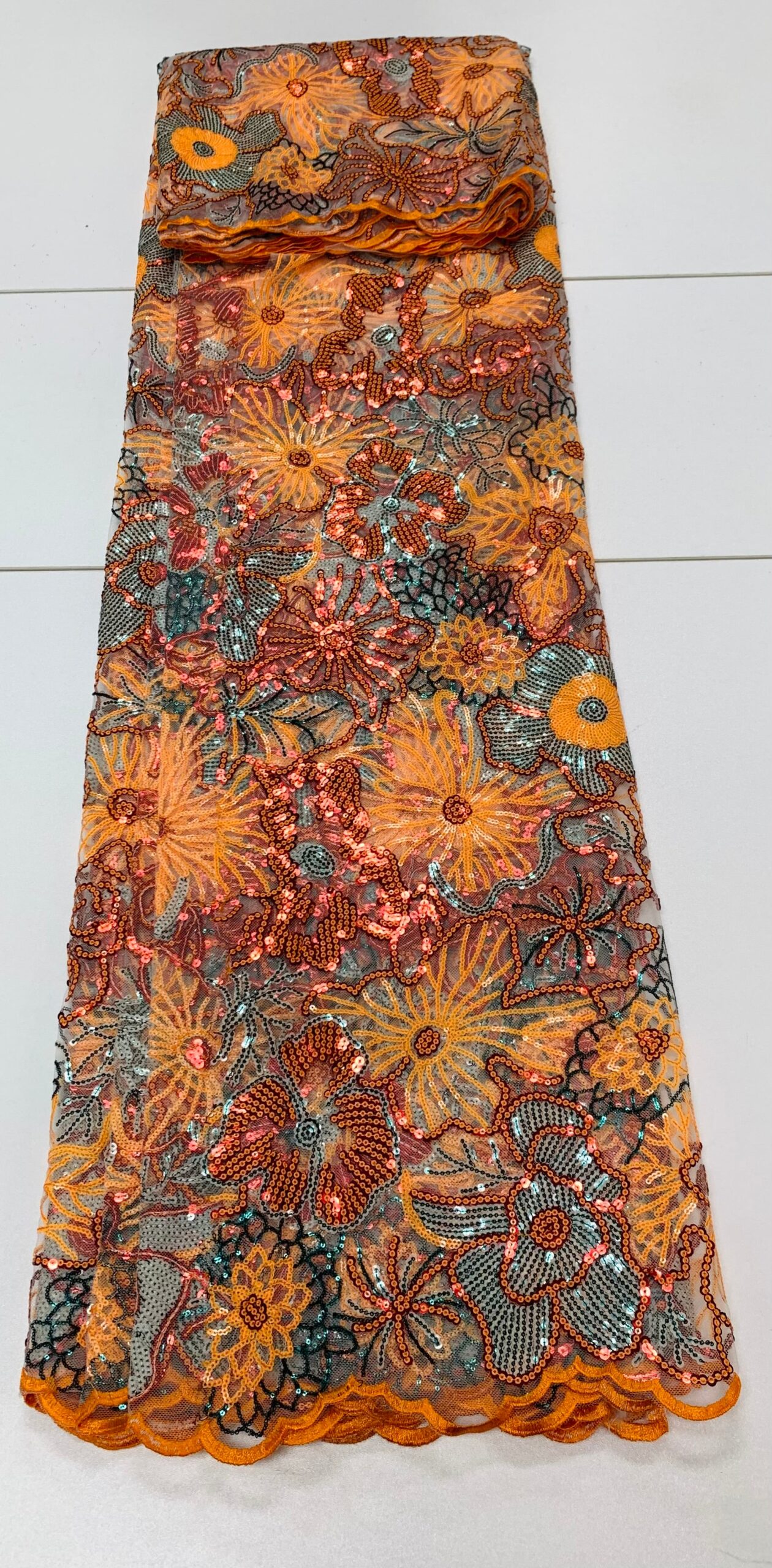 Tangerine Orange Floral Lace | 5 yards