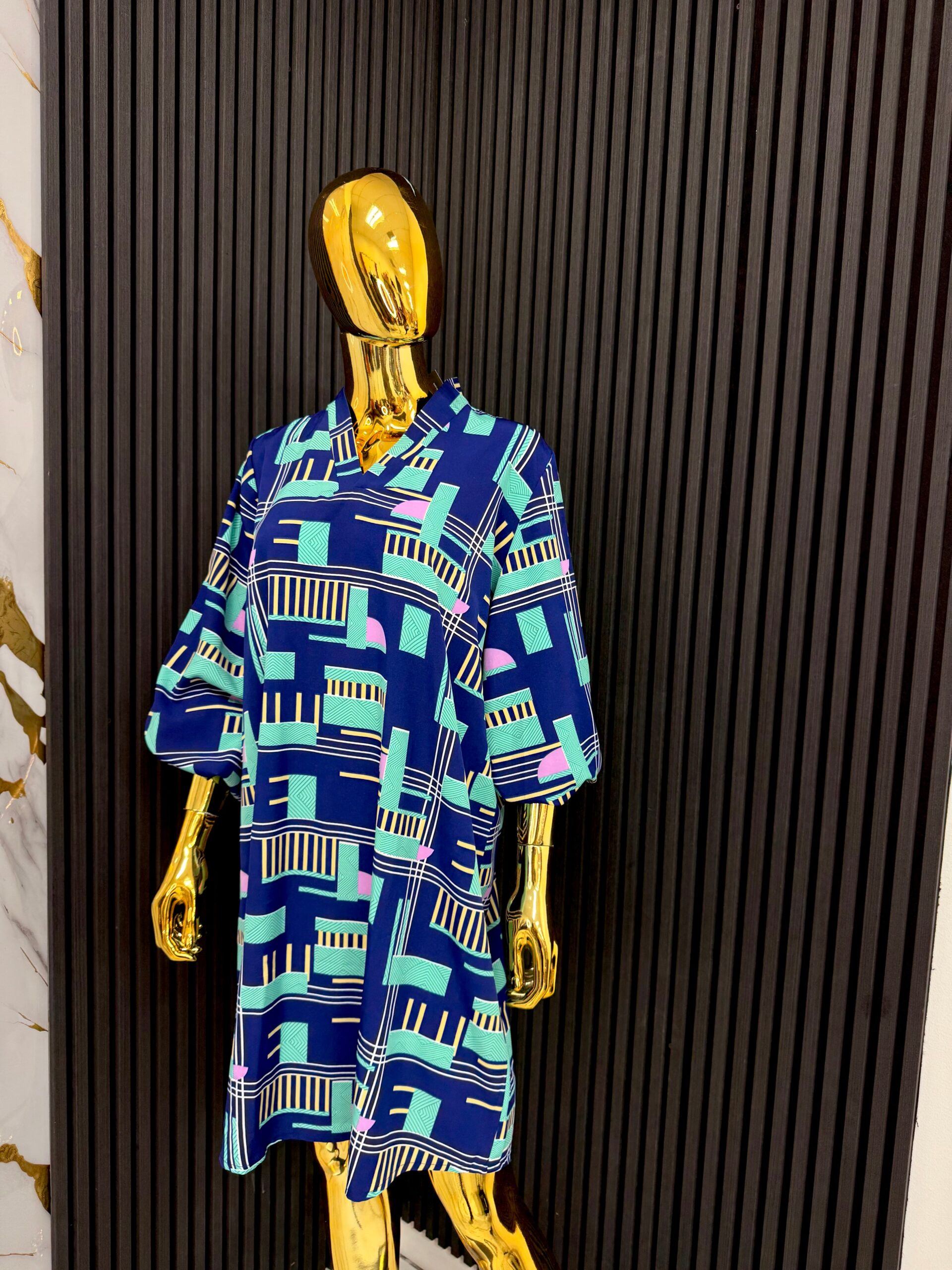 Navy Blue Long Sleeved Abstract Print Dress