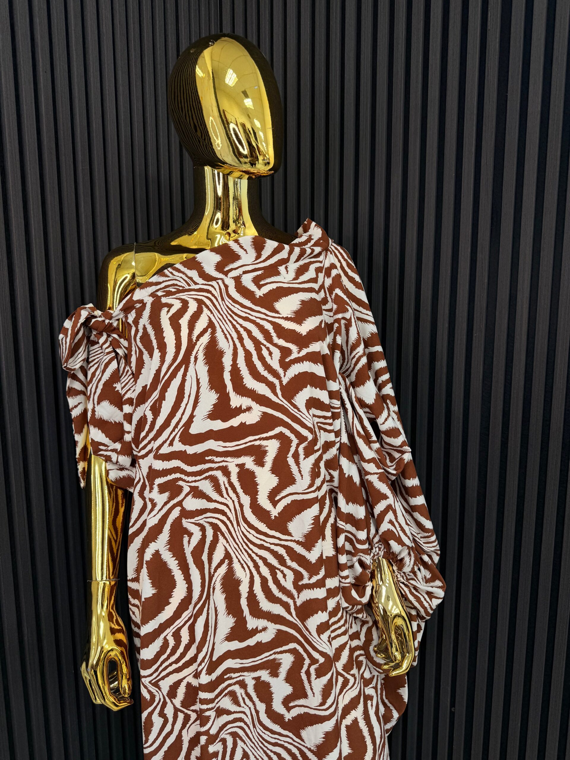 Brown Zebra Print Off The Shoulder Maxi Dress
