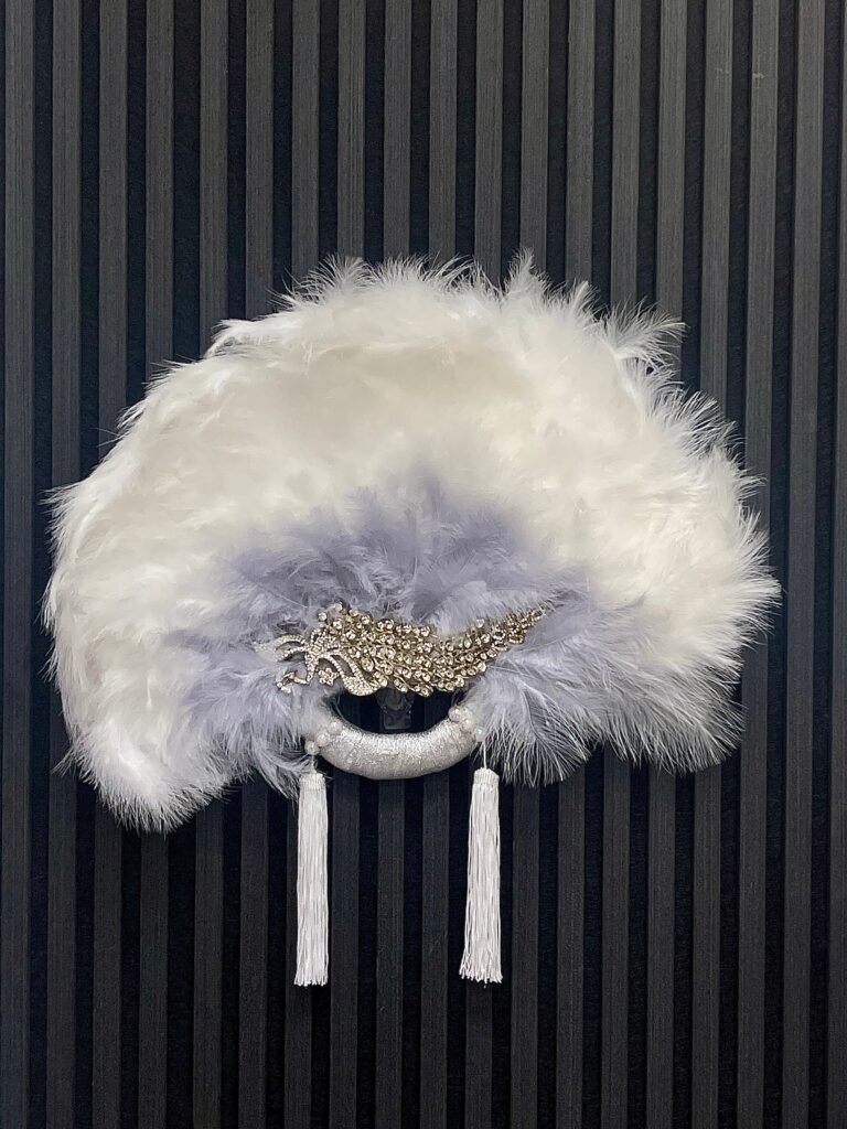 White Feathered Fan with Silver Inlays