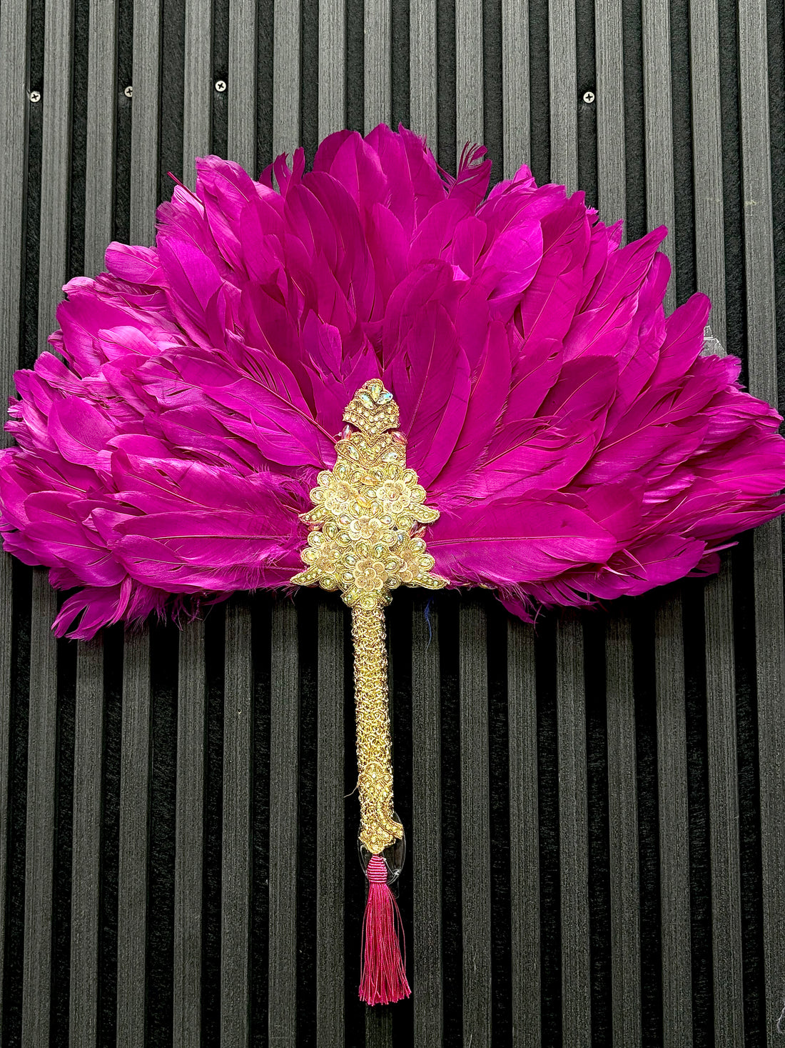 Pink Feathered Bridal Fan with Gold Inlays