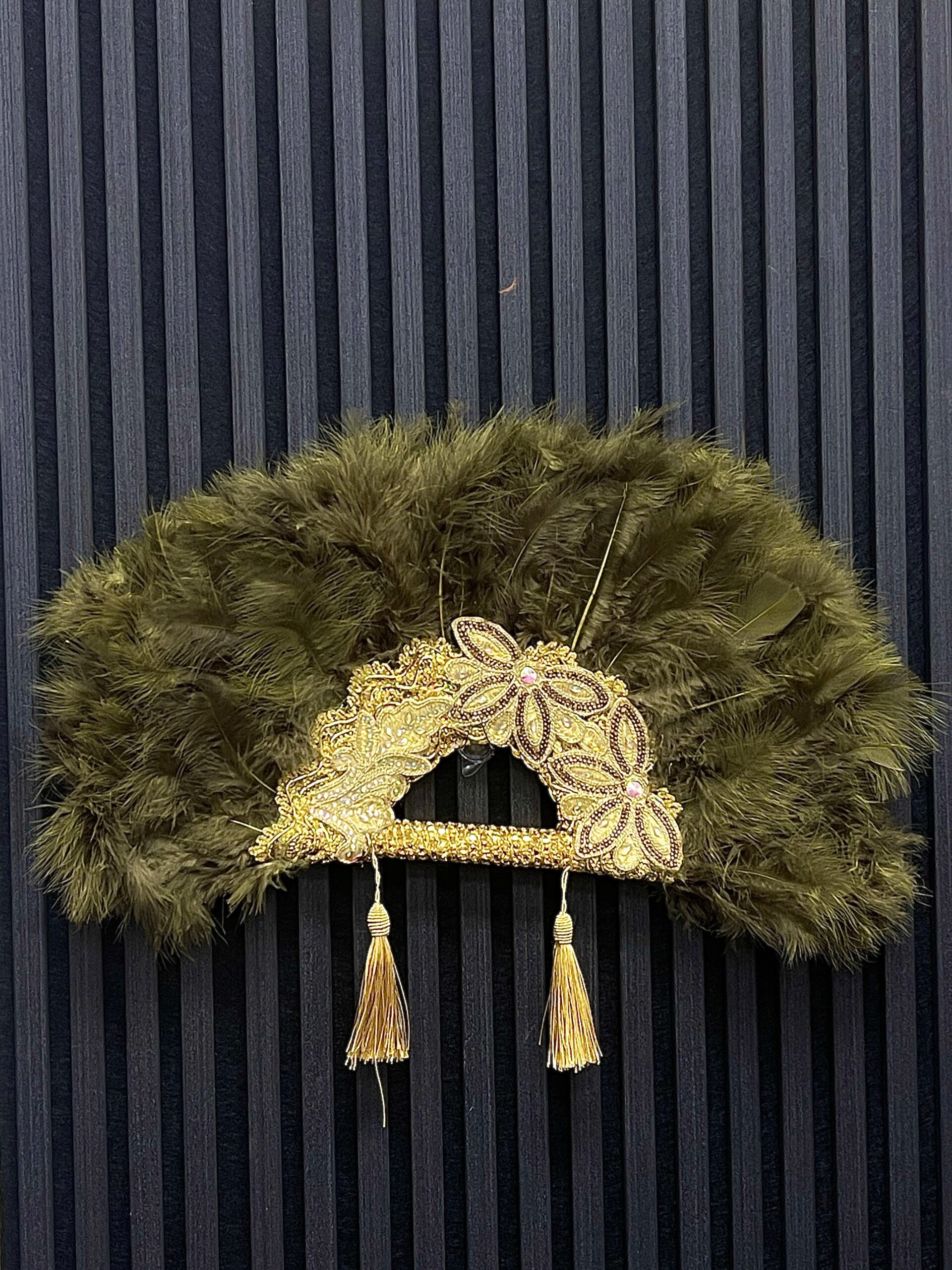 Olive Green Fur Handfan with Gold Inlays